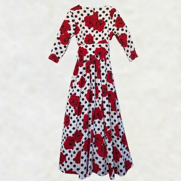 Dainty Jewells Floral Polka Dot Maxi Dress ¾ Sleeve Full Skirt Red Black White S - Picture 6 of 16